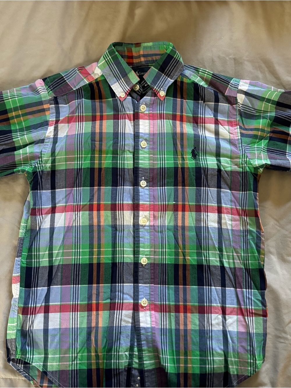Ralph Lauren Boys Plaid Button Down Shirt Size 8 Green Multicolor Pony Logo